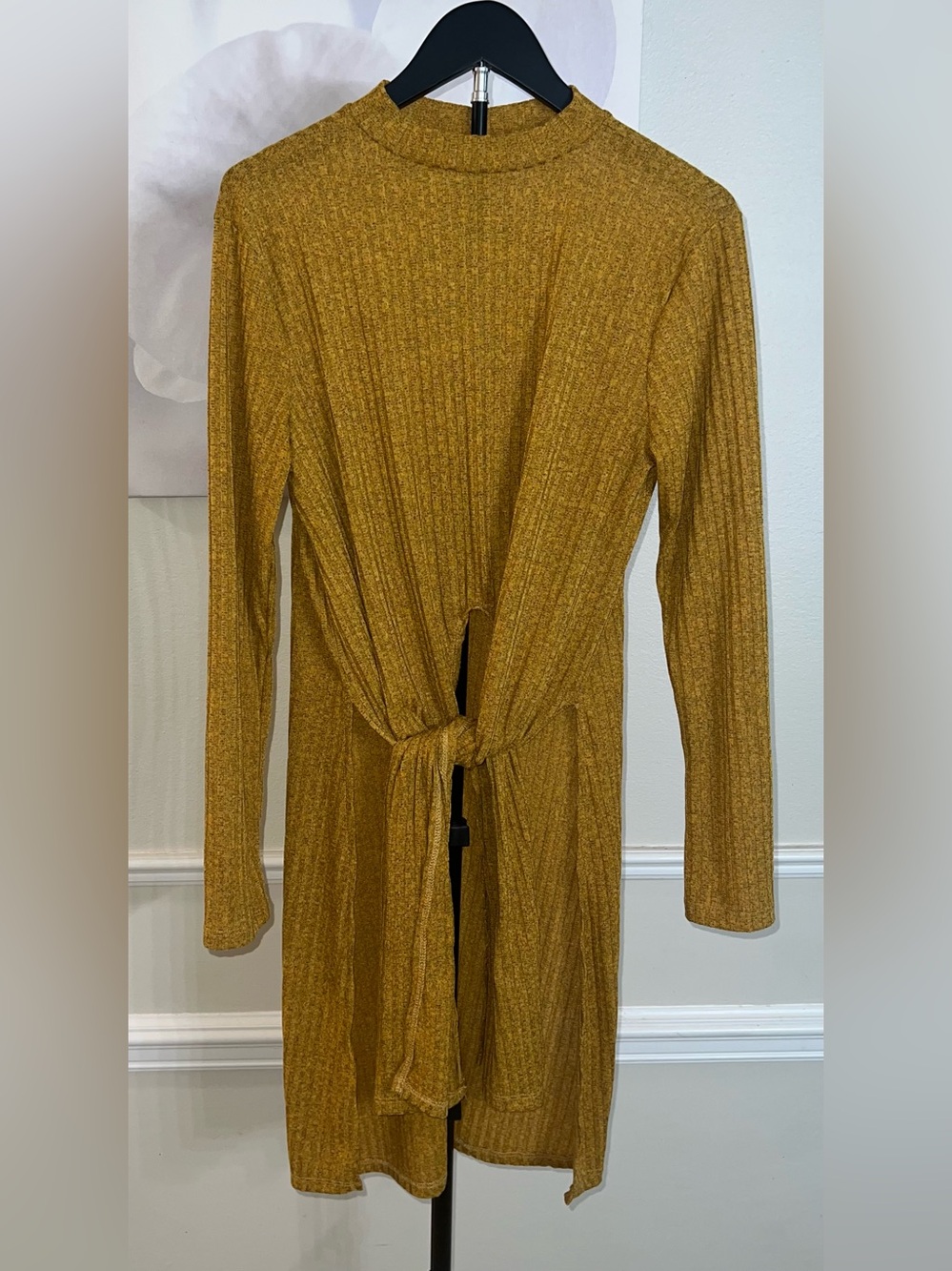 Say Anything Mustard Long Sleeve Tie-Front Ribbed Knit Midi Dress! Size 1X.